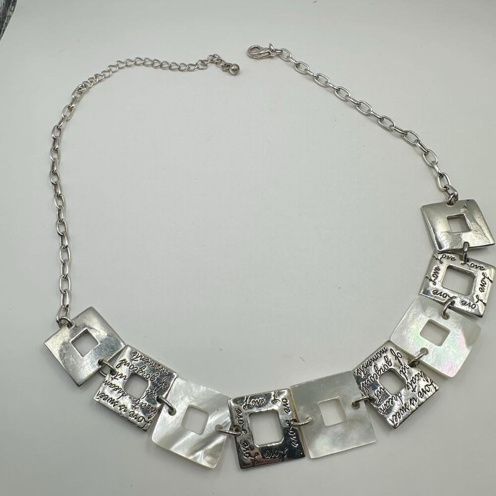 Love Script Chain Choker Bib Necklace Mother Of Pearl Square Geometric Retro